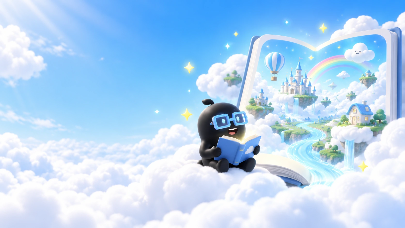 The DRYPOP mascot reading beside an open book filled with castles, clouds and a winding river.