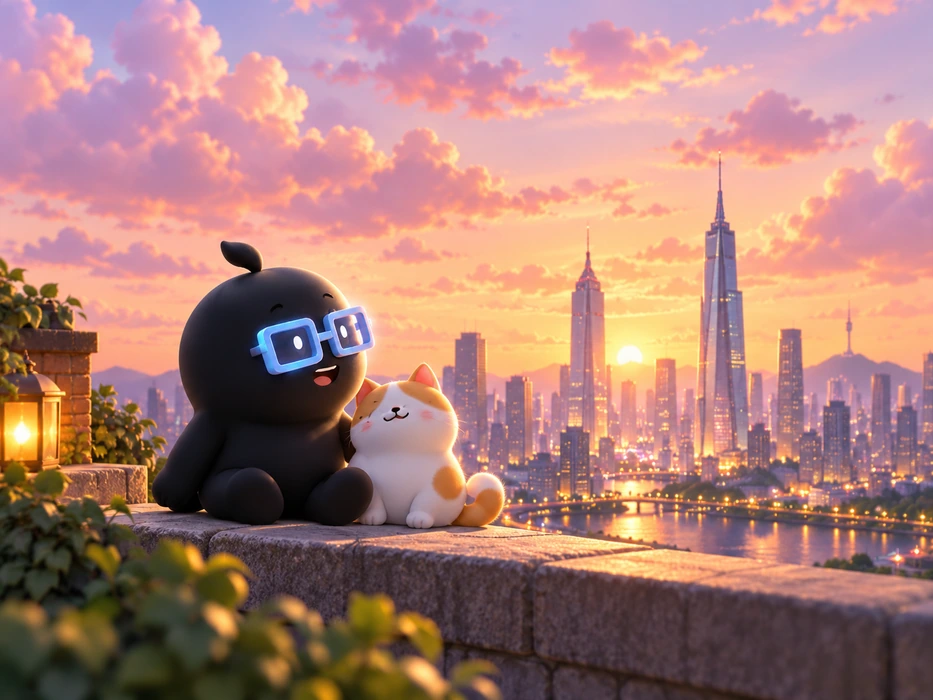 The mascot and a cat overlooking a city at sunset.
