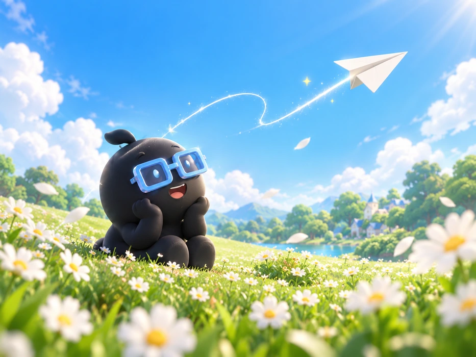 The black DRYPOP mascot looking up at a paper airplane in a sunlit meadow.