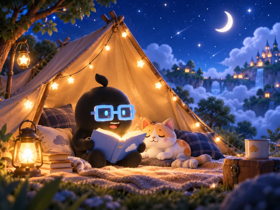The mascot and a cat sharing a glowing book inside a tent at night.