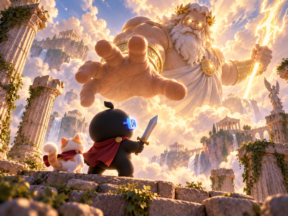 The mascot discovering a giant cloud creature among ancient ruins.
