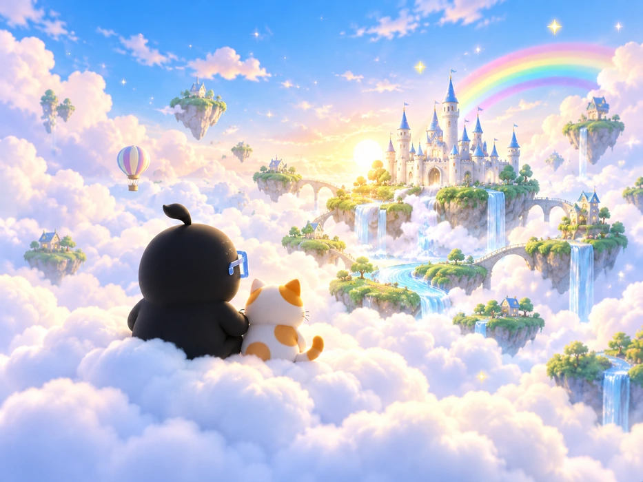 The mascot and a cat looking toward a rainbow castle in the clouds.