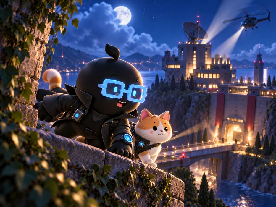 The mascot and a cat on a nighttime adventure near a moonlit castle.