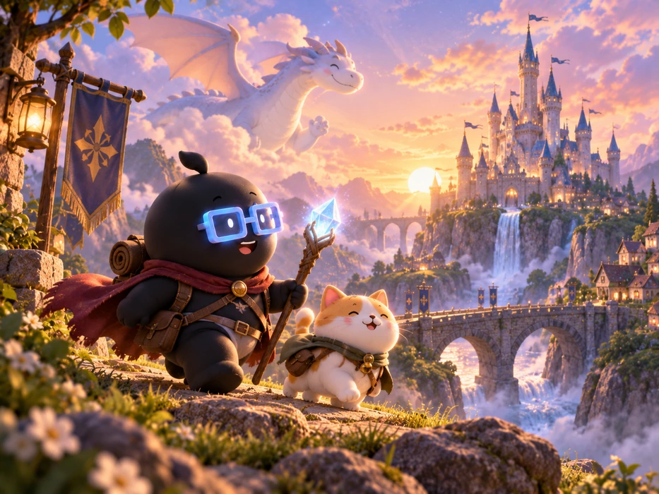 The mascot and a cat following a sunlit path toward a storybook castle.